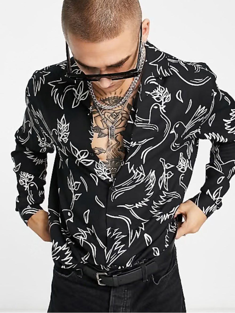 ASOS Modern Abstract Black Relaxed Collar Shirt with White Bird Print